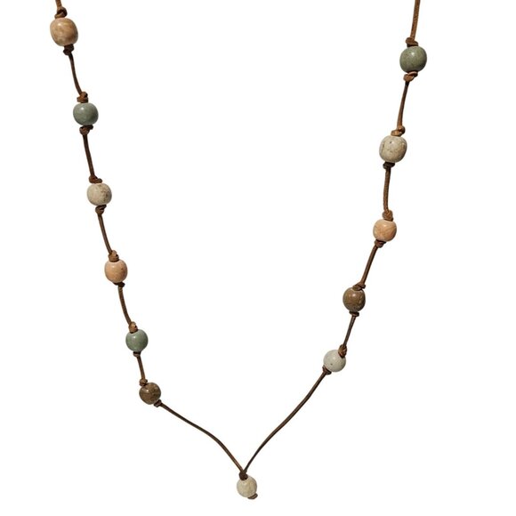 Handmade Boho Leather Beaded Necklace Multicolor Wooden Beads Earthy Jewelry - Picture 1 of 5